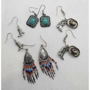 Southwest Western Earrings Lot of 4 Silver Tone Turquoise Cowboy Fringe Dangle